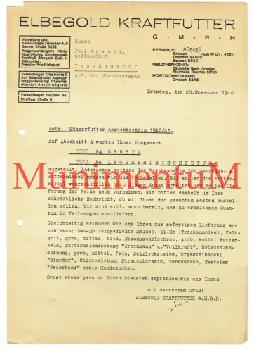 Elbegold Kraftfutter GmbH DRESDEN - Rechnung Reklame Briefbogen Offerte 1940