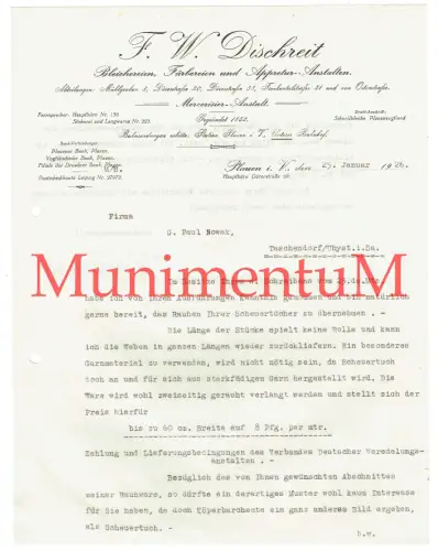 Bleicherei Färberei Appretur-Anstalten Dischreit PLAUEN - Offerte Angebot 1926