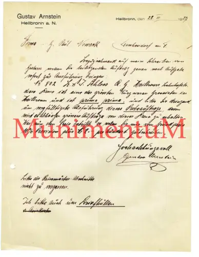 G. Arnstein / Schloss AG HEILBRONN - Auftrag Briefbogen 1927 Kurzwaren Provision