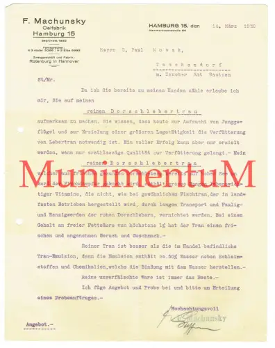 Ölfabrik F. Machunsky HAMBURG - Offerte Briefbogen Reklame 1930 Dorschlebertran