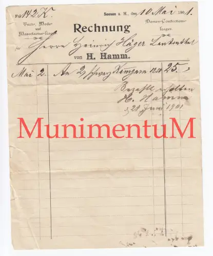 Tuch- & Mode-Manufakturlager H. Hamm SEESEN a. H. - Rechnung Reklame 1901