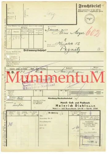 Frachtbrief Metallwerk H. Diehl GmbH NÜRNBERG-Nordostbahnhof nach PEGNITZ 1946