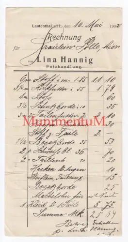 Putzhandlung Lina Hannig LAUTENTHAL a/H Rechnung 1902 Autograph Krs. LANGELSHEIM