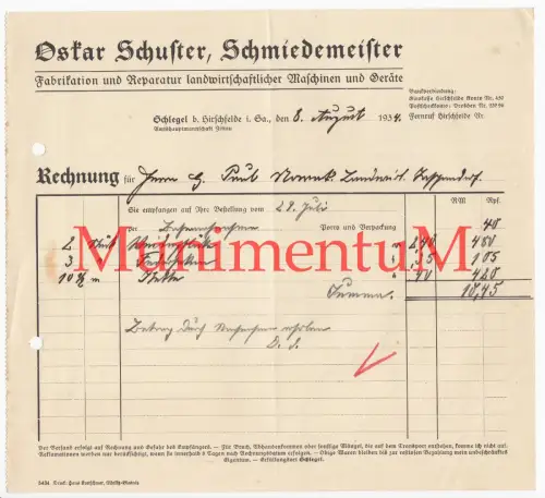 Schmiedermeister Oskar Schuster SCHLEGEL b. HIRSCHFELDE - Rechnung Reklame 1934