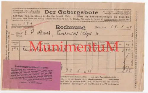 Der Gebirgsbote Tageszeitung GLATZ Niederschlesien Rechnung für Anzeige 1924