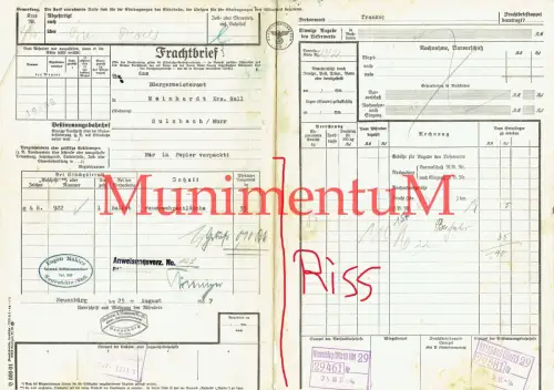 beschädigter Frachtbrief v Feuerwehrschläuchen NEUENBÜRG nach SULZBACH MAINHARDT