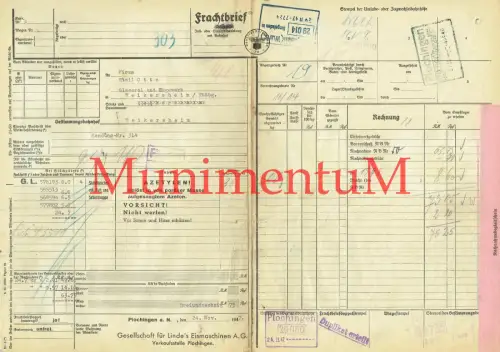 Frachtbrief Gesellschaft f. Linde's Eismaschinen PLOCHINGEN Azetylen VORSICHT 47