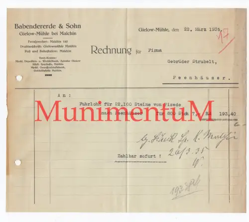 Babendererde & Sohn GIELOW-MÜHLE bei MALCHIN, PEENHÄUSER - Rechnung Reklame 1935