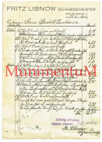 Schmiedemeister F. Libnow GIELOW i. Mecklenburg - Rechnung Briefbogen 1942