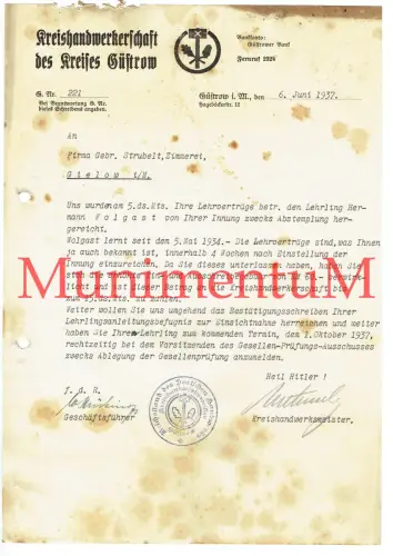Kreishandwerkerschaft GÜSTROW 1937 Lehrlingvertrag Wolgast