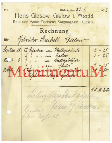 Hans Glasow GIELOW Bau- Möbel-Tischlerei & Sargmagazin-Glaserei - Rechnung 1932