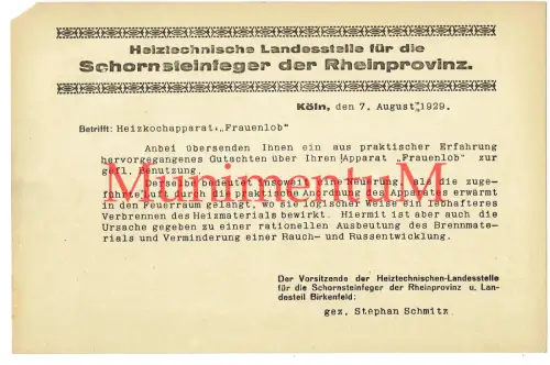 Heiztechn. Landesstelle Schornsteinger der RHEINPROVINZ 1929 KÖLN Heizkochapp.