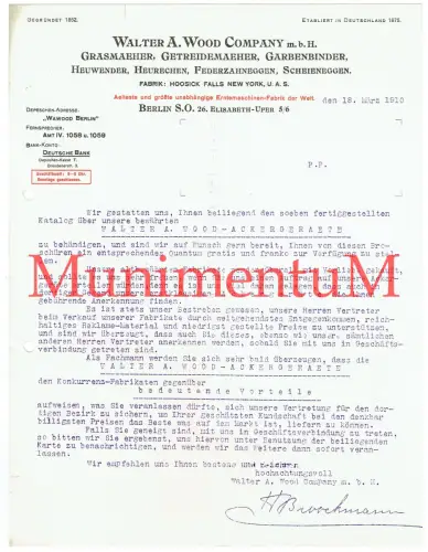 Grasmäher Mähdrescher Walter Wood Company BERLIN - Schreiben Brief Offerte 1910