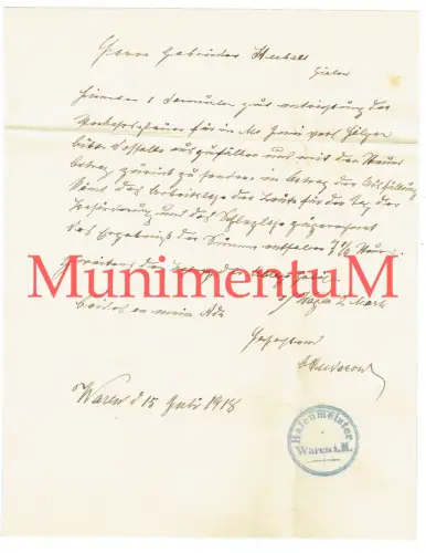 Hafenmeister WAREN / MÜRITZ in Mecklenburg Brief Rechnung Stempel 1918