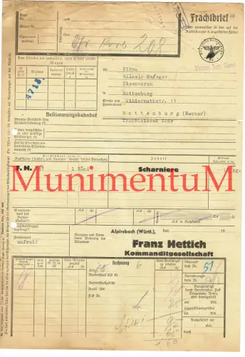 Frachtbrief ALPIRSBACH Kommanditgesellschaft F. Hettich FRANZ. BESATZUNGSZONE