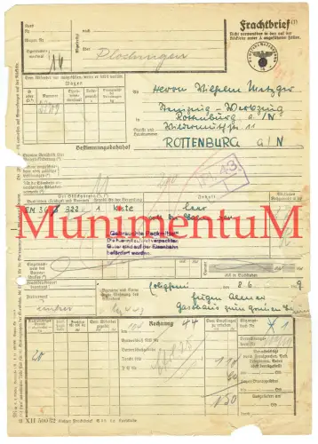 Frachtbrief ERLIGHEIM Gasthaus Grüner Baum, Eugen Ahner 1949 nach ROTTENBURG