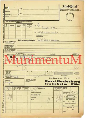 Frachtbrief CRAILSHEIM H. Hesterberg 1950 Eisenwaren nach WEIKERSHEIM