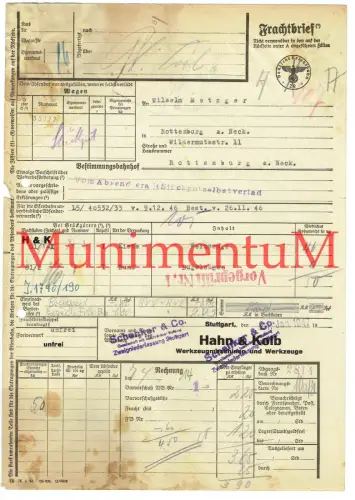 Frachtbrief STUTTGART Hahn & Kolb 1947 Schenker & Co. Bügelsägen n. ROTTENBURG