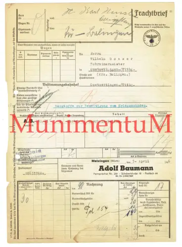 Frachtbrief METZINGEN A. Baumann - Baustoffe zur Beseitigung v Kriegsschäden '46