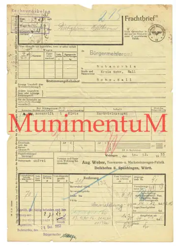 Frachtbrief WEHINGEN DELHOFEN SPAICHINGEN '53 Tonwaren Marksteinzeugfabrik Weber