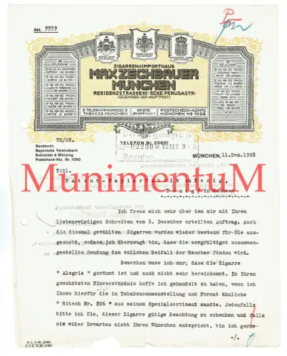 Zigarren-Importhaus Max Zechbauer MÜNCHEN - Rechnung Offerte Reklame 1928