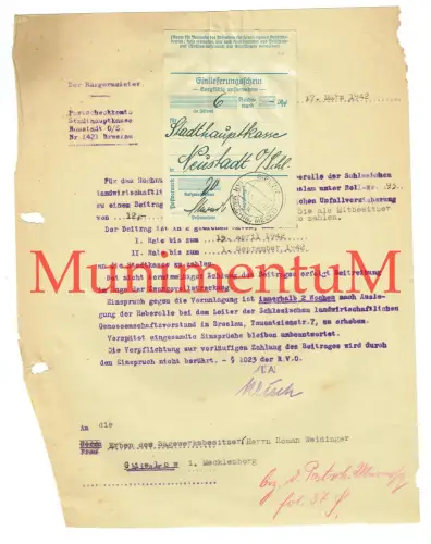 schlesische landw. Berufsgenossenschaft NEUSTADT Oberschlesien - Rechnung 1942