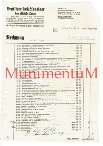 Deutscher HolzAnzeiger BERLIN Reichsstelle | Rechnung 1939 an Dampfsägewerk