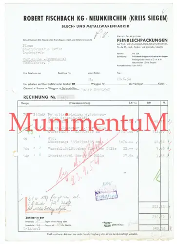 Blech- & Metallwaranfabrik R. Fischbach KG NEUNKIRCHEN / SIEGEN - Rechnung 1954