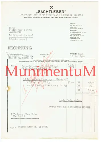 Bergbau & Chemische Industire Sachtleben Mahlwerke WOLFACH BADEN | Rechnung 1954
