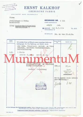 Chemische Fabrik E. Kalkhof MAINZ Kostenbader STUTTGART | Rechnung Reklame 1954