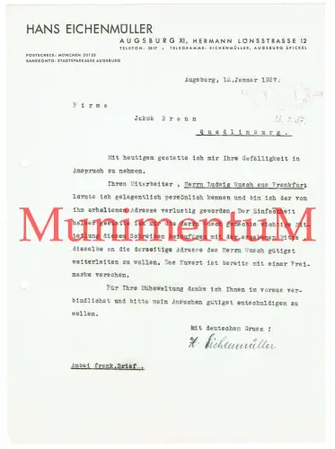 Hans Eichenmüller AUGSBURG Fa. Braun QUEDLINBURG Hr Wusch - Schreiben Brief 1937