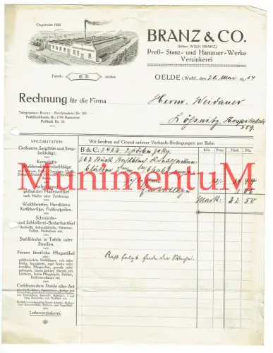 Stanz- & Hammer-Werke Verzinkerei Branz & Co. OELDE in Westfalen - Rechnung 1914