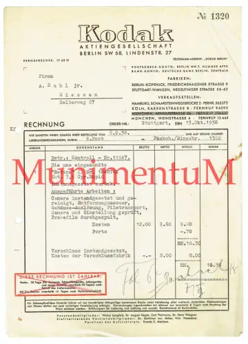 Kodak A.G. BERLIN - Rechnung Instandsetzung Kamera Retina 1938 Verschlussfabrik