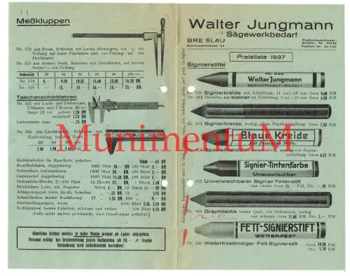 Sägewerkbedarf Wa. Jungmann BRESLAU Niederschlesien Werbung Preisliste 1937 (!)
