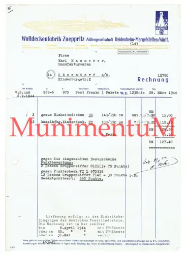 Wolldeckenfabrik Zoeppritz AG HEIDENHEIM MERGELSTETTEN - Rechnung Reklame 1944