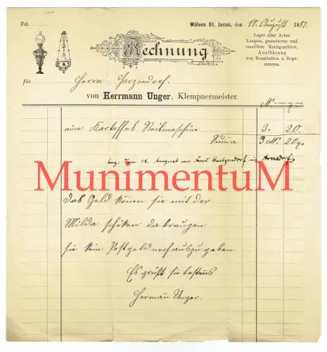 Klempnermeister H. Unger MÜLSEN St. Jacob, ZWICKAU, Rechnung Briefbogen 1887