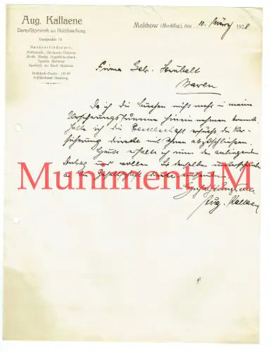 Dampfsägewerk & Holzhandlung A. Kallaene MALCHOW - Rechnung Briefbogen 1928