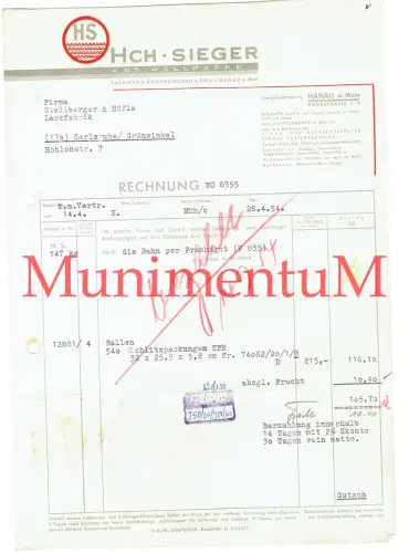 Wellpappe H. Sieger HANAU RODENKIRCHEN - Rechnung Reklame Werbung Frachtgut 1954