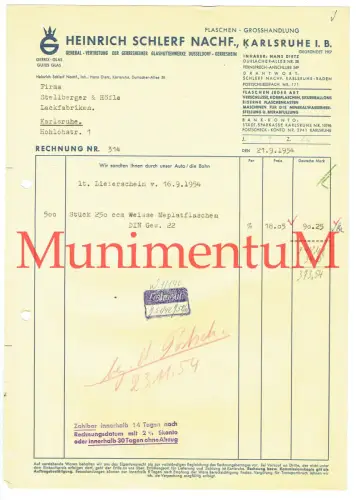 Flaschen-Großhandlung H. Schlerf Nachf. KARLSUHE - Rechnung 1954 gegr. 1907