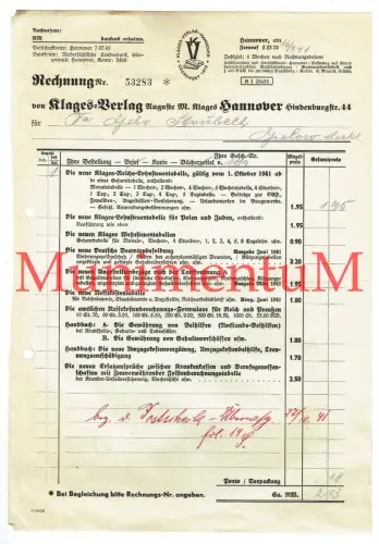 Klages Verlag HANNOVER - Rechnung Reklame Werbung Briefbogen Offerte 1941
