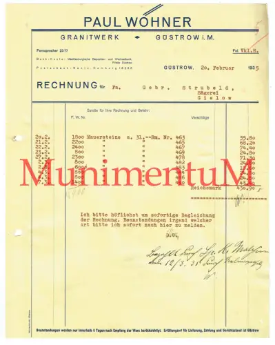 Granitwerk Paul Wöhner GÜSTROW i.M. - Rechnung Offerte Briefbogen Werbung 1935