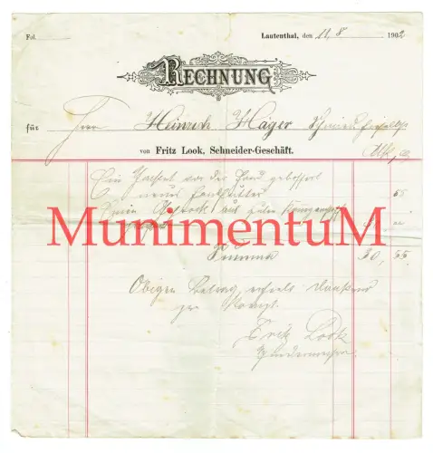 Schneider-Geschäft Look LAUTENTHAL b. SEESEN - Rechnung Briefbogen Reklame 1902