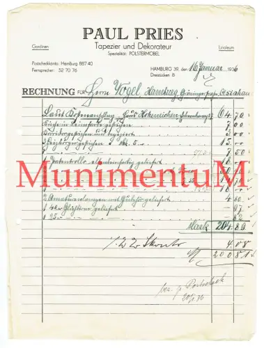 Tapezierer & Dekorateur P. Pries HAMBURG - Rechnung 1936 HOHENEICHEN + ASIA-HAUS
