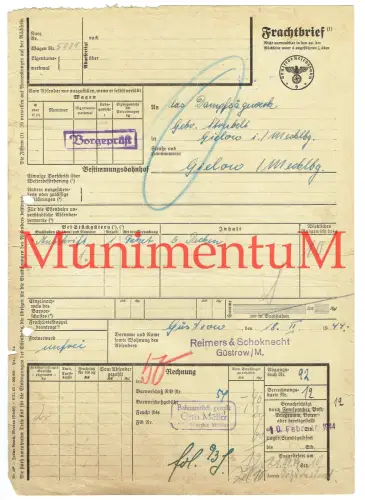 Frachtbrief Reimers & Schoknecht GÜSTROW 1944 MALCHIN GIELOW Stempel
