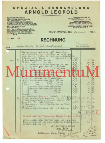 Spezial-Eisenhandlung A. Leopold WAREN / MÜRITZ - Rechnung Briefbogen1934