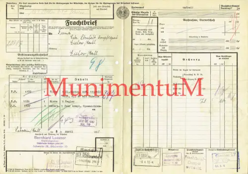 Frachtbrief SCHWERIN Ing. Lessner GIELOW SEDDIN 1935 Stempel Doppel erteilt