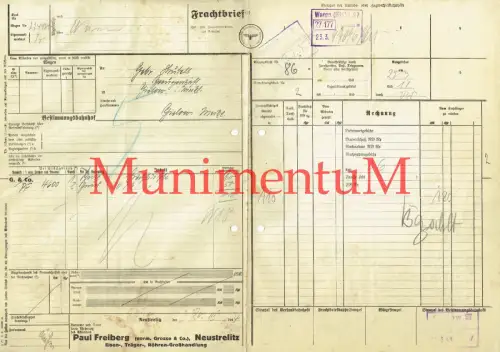 Frachtbrief Vorwohle Emmerthaler Eisenbahn NEUSTRELITZ P. Freiberg, GIELOW 1944