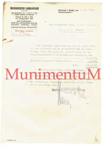 Mecklenburgische Landgesellschaft SCHWERIN - Rechnung 1933 GIELOW BREDENFELDE