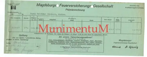 Magdeburger Feuerversicherungs Gesellschaft ROSTOCK Prämienrechnung 1937 MALCHIN