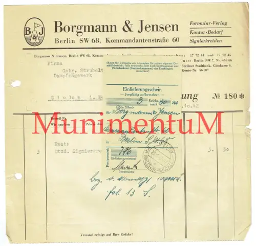 Formular-Verlag Borgmann & Jensen BERLIN 1942 - Rechnung + Einlieferungsschein